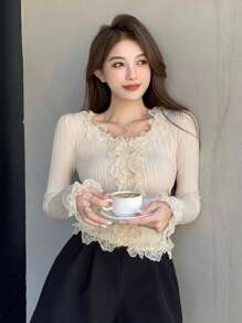 DAZY 女式撞色蕾丝纽扣开衫、长袖上衣、秋季女装 - 米色 - 查看 3