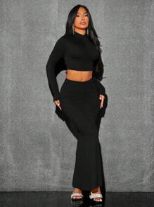 SHEIN SXY 女式褶皺魚尾立領長袖修身優雅套裝,搭配中裙 - 黑色 - 查看 4