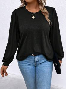 SHEIN LUNE 加大尺碼女裝圓領長袖t恤 - 黑色 - 查看 1