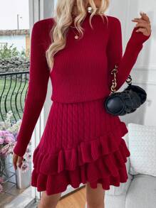 Chiquease Vestido Suéter Com Babados Em Várias Camadas Com Gola Alta E Cor Sólida - Vermelho - Ver 4
