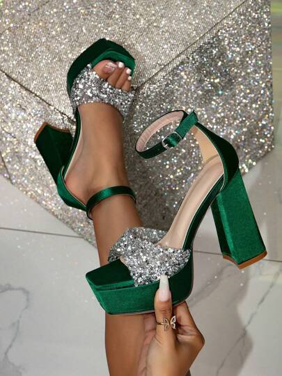 Women's New Fashionable Sparkling Rhinestone Green High Heel Shoes, Square Toe Thick Heel Single Strap Party Formal Dress Shoes, Women's Platform High Heels