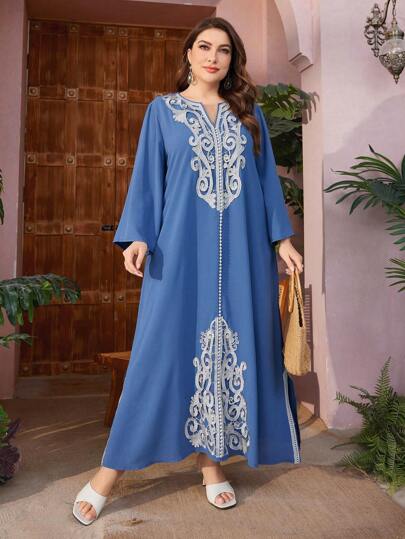Al Najma Plus Size Embroidered Patchwork Notch Collar Bell Sleeve Dress Kaftan Jalabiya Dress