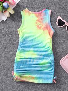 SHEIN Young Girl Fashionable And Versatile  Dress, Suitable For Daily Outings, School, Parties, And Streetwear, Suitable For Summer Wearing Alone And Spring/Autumn Match, Featuring Colorful Tie-Dye Process And Pleated Design With 3D Bow Decoration, Elegant, Sweet, And Cute Sweetheart Style,Holiday,Summer,Travel