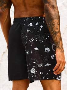 Manfinity KASUA Men'S Beach Shorts With Drawstring Waist And Galaxy Print - Black and White - View 2