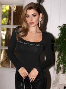 Chiquease Women's Round Neck Tee Shirt With Rhinestone Embellished Letter Print Fall Cloth For Women - Black - View 3