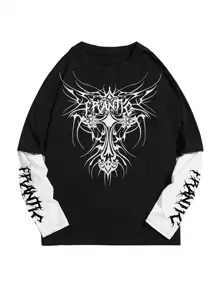 Grunge Punk 男式拼色动物与字母印花 T 恤，学校 - 黑色 - 查看 1