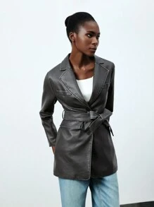 SHEIN BIZwear Da giả Denim mùa giặt Và Đau khổ Tay áo dài Áo vest - Xám - Xem 1