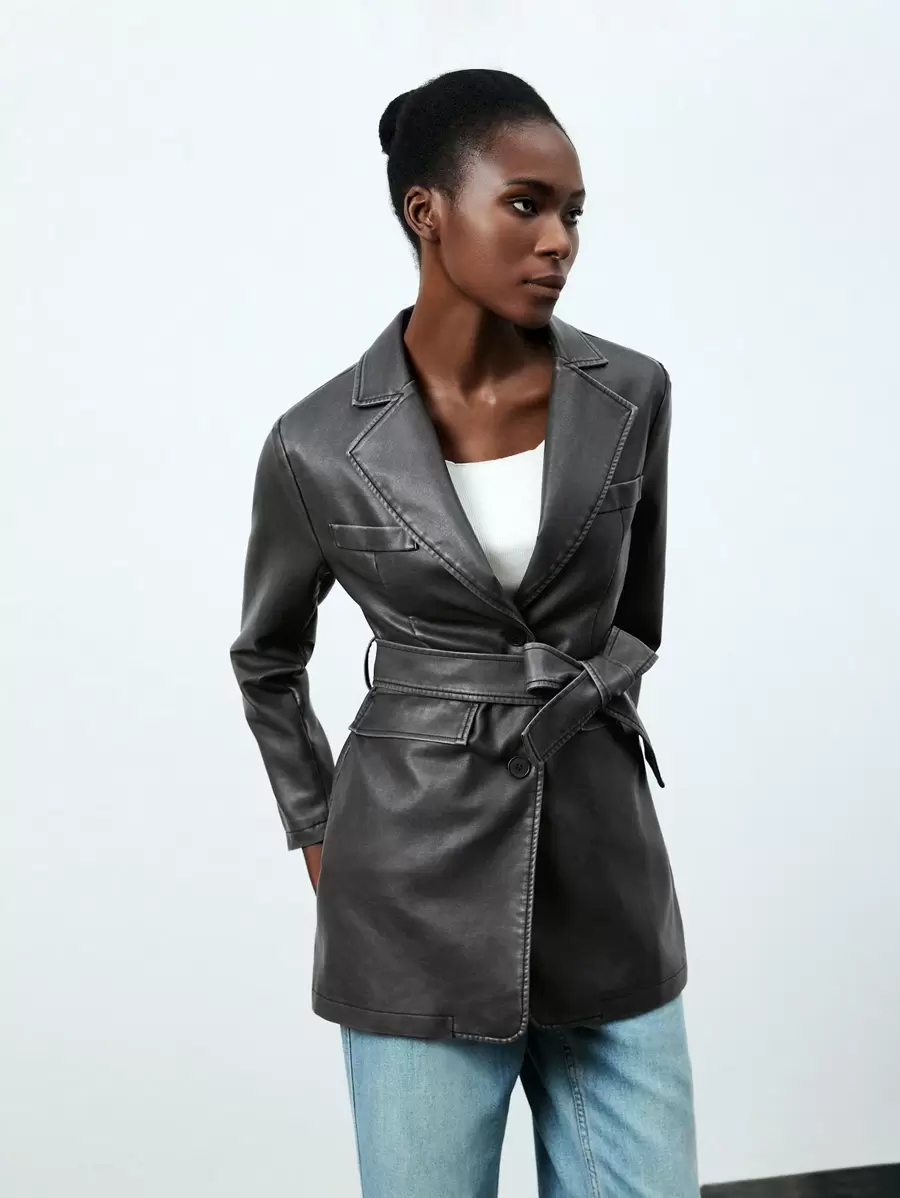 SHEIN BIZwear Da giả Denim mùa giặt Và Đau khổ Tay áo dài Áo vest - Xám - Xem 1