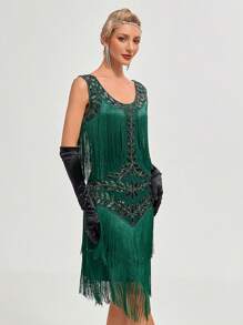 女士复古流苏亮片重型紧身连衣裙，适合鸡尾酒会、晚礼服、优雅舞会半正式婚礼宾客礼服，适合生日、毕业典礼、晚宴、返校节 - 綠色 - 查看 3