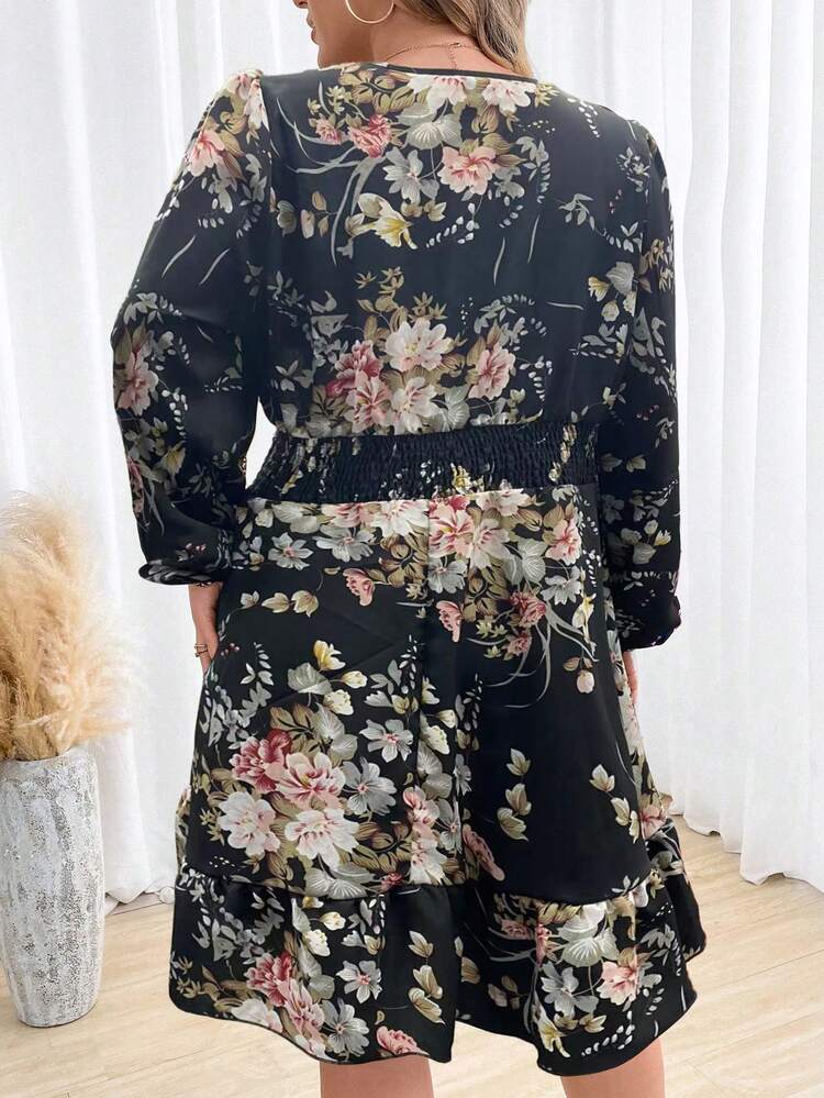 Plus Size Floral Printed Cinched Waist Dress
