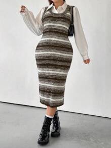 SHEIN Unity 大尺碼漸變條紋無袖針織毛衣連衣裙 - 咖啡棕 - 查看 4