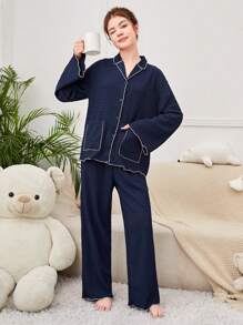 SHEIN Teen Girls' Knit Jacquard Collar, Patch Pocket Shirt And Pants Homewear Set - Navy Blue - View 1