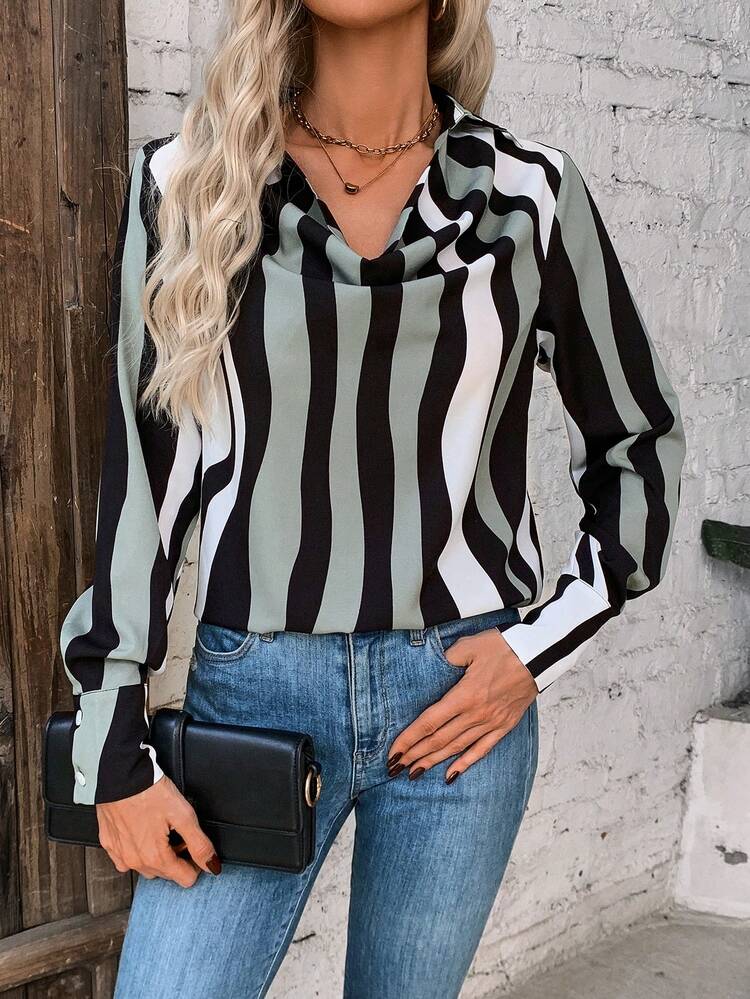 Women'S Striped Color Block Draped Neck Blouse