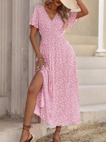 Breezaya Flower Print V-Neck Ruffle Short Sleeve Dress Maxi Vacation Beach Outfits Women - Pink - View 1
