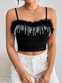 Zolique Women Tank Tops & Camis Kontras Faux Fur Plain Casual Pesta - Hitam - View 4