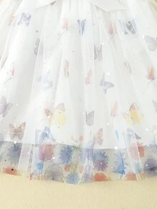 SHEIN Young Girls Butterfly Mesh Print Belted Dress - White - View 6