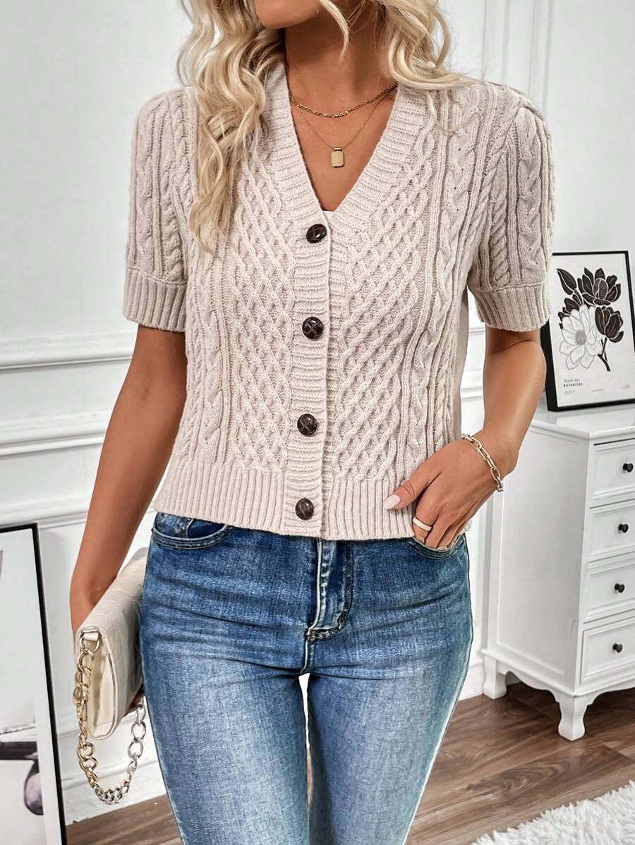 SHEIN Essnce Của phụ nữ Màu thuần Ngắn tay Áo len Mở - Màu be - Xem 1