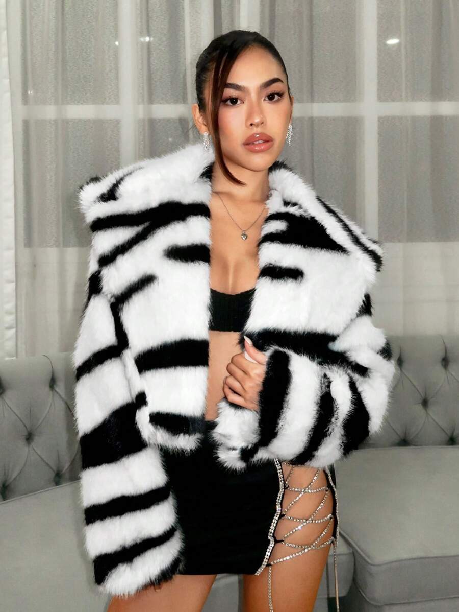 SHEIN ICON Women'S Plush Navy Style Coat - Black and White - View 1