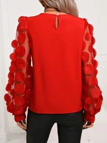 SHEIN ChicEase 网眼撞色长袖衬衫 - 紅色 - 查看 2
