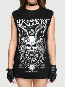 ROMWE Goth Women's Letter Skull Printed Tank Top - Black - View 3