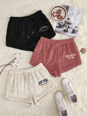 3pcs Teddy Bear Patterned Cozy Shorts With Alphabet Embroidery, Homewear Sleep Cozy Shorts Set, Fall Winter Clothes, Fluffy