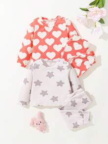 SHEIN 新生女嬰心型圓領上衣褲、星星圓領上衣褲家居服 4 件/套 - 彩色 - 查看 1