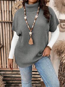 SHEIN LUNE Plus Size Women's High Neck Long Sleeve Knitted Top - Grey - View 1
