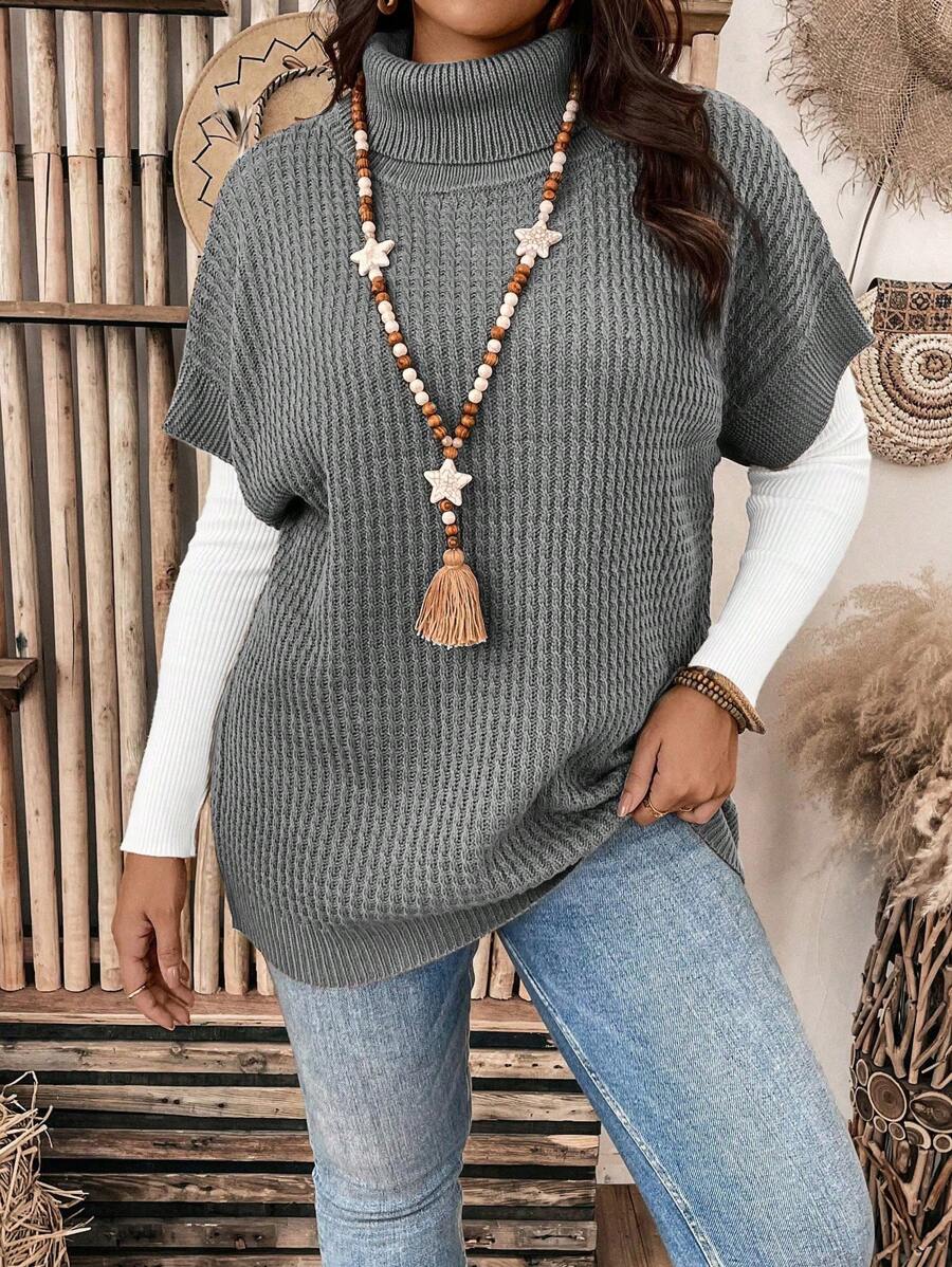 SHEIN LUNE Plus Size Women's High Neck Long Sleeve Knitted Top - Grey - View 1
