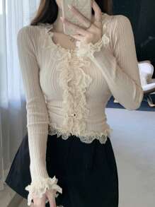 DAZY 女式撞色蕾丝纽扣开衫、长袖上衣、秋季女装 - 米色 - 查看 2
