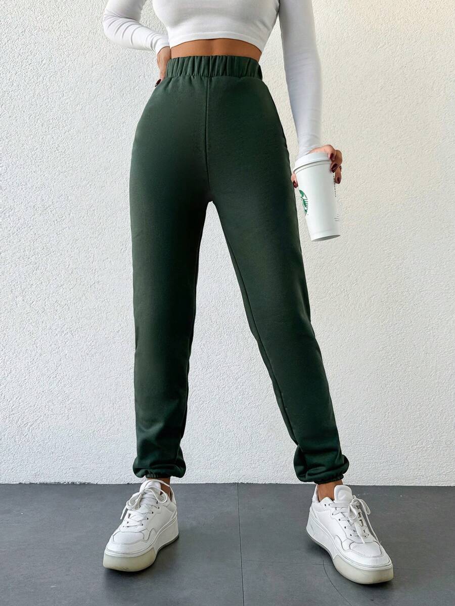 RueChic Solid Elastic Waist Sweatpants - Green - View 1