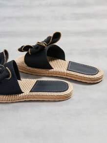 女士手工蝴蝶结凉鞋，露趾套脚式防滑亚麻鞋底平底拖鞋，夏季舒适室内鞋，沙滩装，女士拖鞋 - 黑色 - 查看 7