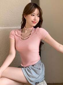 DAZY Ladies' Ribbed Short Sleeve T-Shirt - Pink - View 3