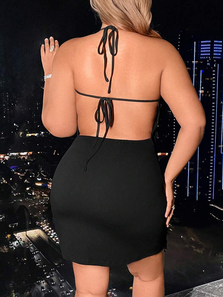 Plus Size Backless Halter Neck Sequin Fringe Decorated Knot Dress