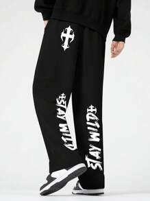 Manfinity EMRG 男士寬鬆橡皮筋收口鬆緊帶印花運動長褲 - 黑色 - 查看 1