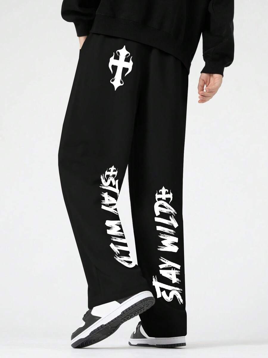 Manfinity EMRG 男士寬鬆橡皮筋收口鬆緊帶印花運動長褲 - 黑色 - 查看 1