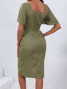 SHEIN VCAY Polka Dot Print Bell Sleeve Belted Dress - Green - View 2