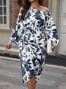 SHEIN Unity Đầm Maxi in họa tiết cây vai bất đối xứng cỡ lớn cho nữ - màu đen - Xem 1