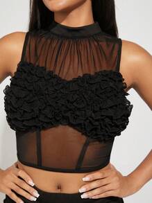 Hauture Ruffle Bust Mock Neck Crop Top