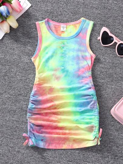 SHEIN Young Girl Fashionable And Versatile  Dress, Suitable For Daily Outings, School, Parties, And Streetwear, Suitable For Summer Wearing Alone And Spring/Autumn Match, Featuring Colorful Tie-Dye Process And Pleated Design With 3D Bow Decoration, Elegant, Sweet, And Cute Sweetheart Style,Holiday,Summer,Travel