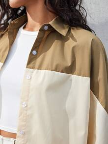 BizChic Của phụ nữ Khối màu Thả vai Áo sơ mi - Màu Khaki - Xem 3