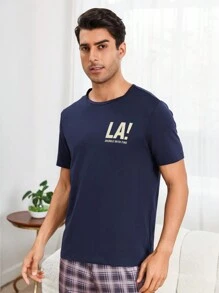 Men'S Slogan Printed Home Wear Top - Navy Blue - View 6