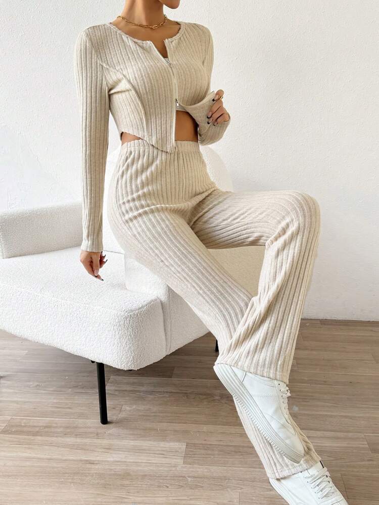 Women'S Solid Color Knit Ribbed Two Piece Set