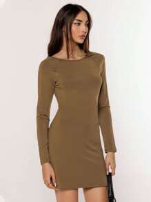 SHEIN Essnce Valentine's Day Date Wear Backless Knitted Bodycon Dress - Khaki - View 3