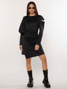 SHEIN Essnce 女士不对称下摆镂空连衣裙 - 黑色 - 查看 3