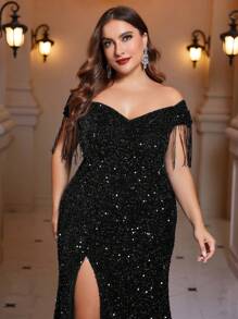 SHEIN Belle Plus Size Women's Dazzling High Side Split Party Gown (Heavy Duty) Black Elegant Formal Evening Prom Wedding Guest Dress, For Graduation, Dinner - Black - View 6
