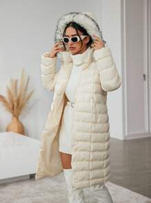EURMUSE Fuzzy Trim Hooded Puffer Coat - White - View 4