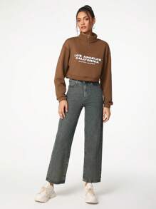 MICHELLE K GRAPHICS High Neck Cropped Loose Fit Women'S Sweatshirt - Brown - View 6