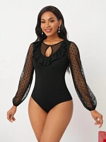 SHEIN Lady 拼布、网眼和蕾丝装饰镂空连体衣 - 黑色 - 查看 2