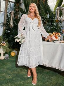 大尺碼女士蕾絲前綁帶連衣裙 - 白色 - 查看 1