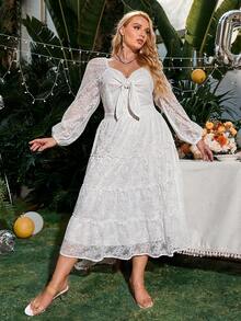 大尺碼女士蕾絲前綁帶連衣裙 - 白色 - 查看 5